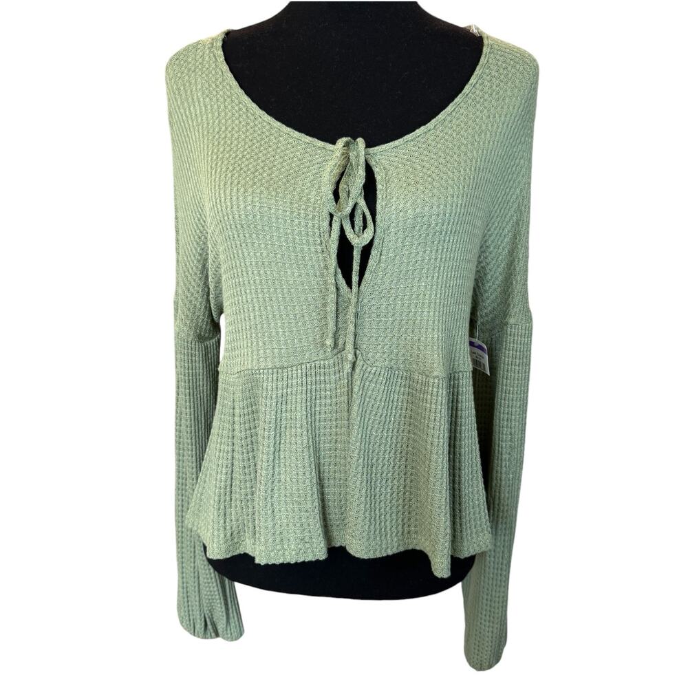 LUSH NORDSTROM ~ Sage Green Long Sleeve Waffle Knit Babydoll Top Size M - Picture 3 of 7